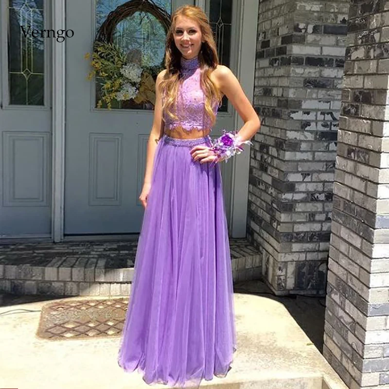 

Verngo Lace Evening Dress Purple Evening Dresses Long Crop Top Formal Party Prom Gown Vestidos Elegantes