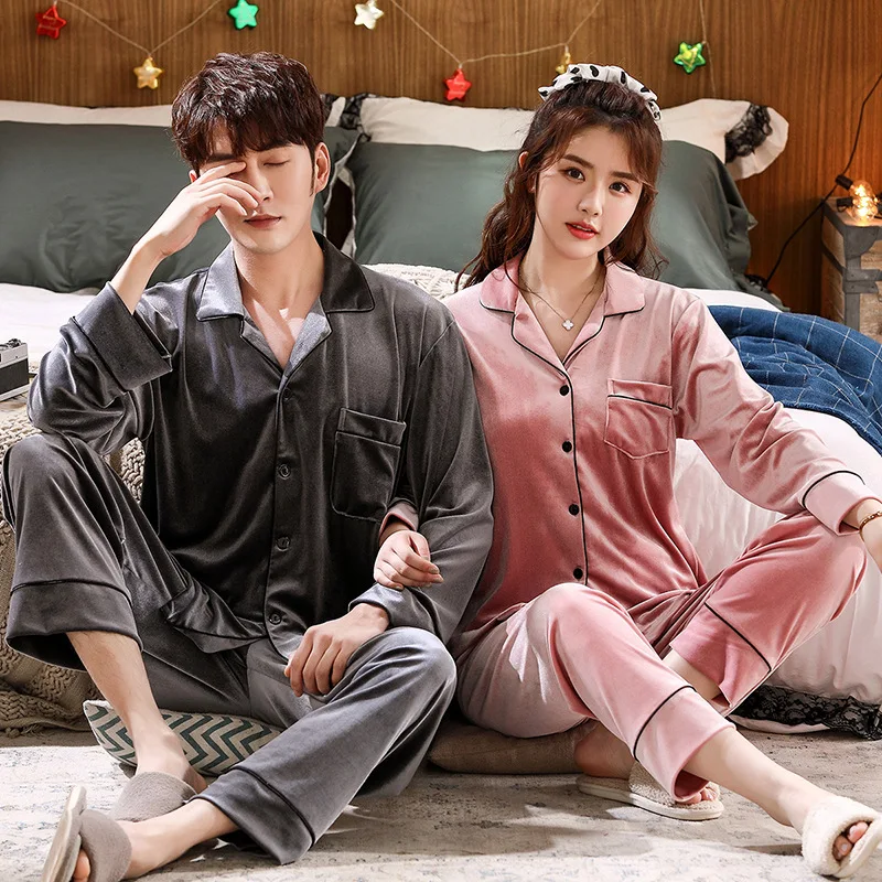 

Lisacmvpnel Autumn Winter New Couple Pyjamas Gold Velvet Pajamas Lapel Korean Velvet Home Wear Men's And Women's Suit Sleepwear