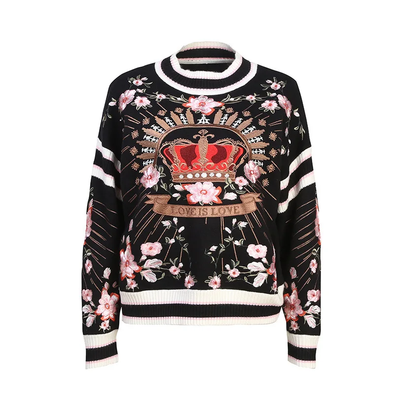 

European and American women's autumn winter 2019 new style Long sleeve heavy industry crown flower embroidery Fashion sweater