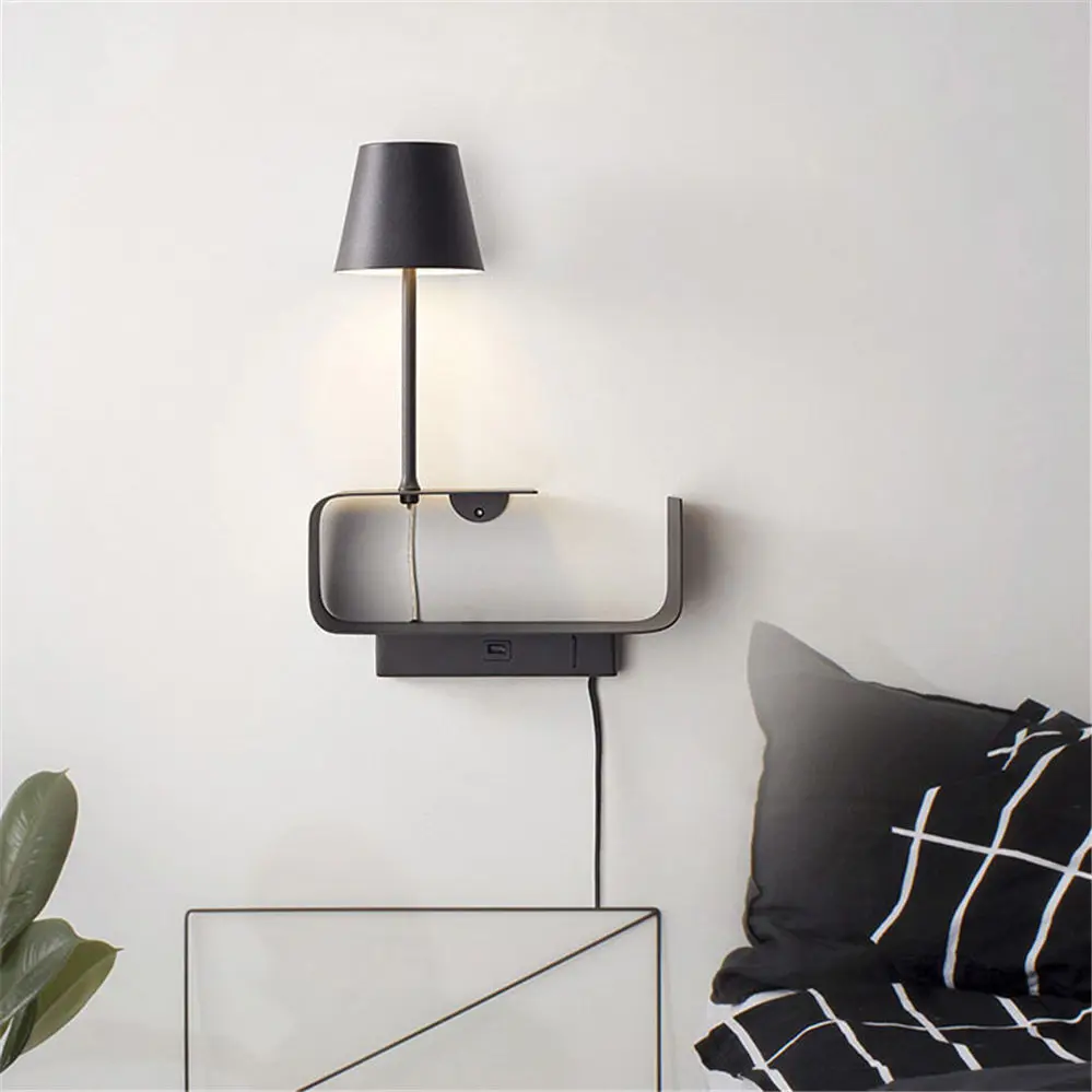 

nordic modern USB socket Shelf wall lamp for bedroom bedside cafe Minimalism home deco led luminaire Line Plug light fixture