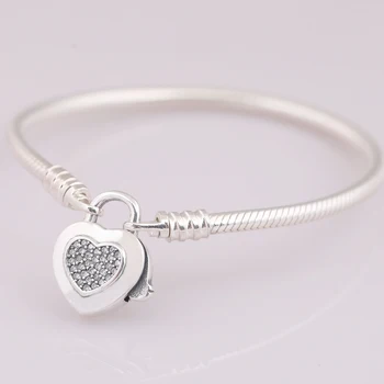 

New 925 Sterling Silver Bracelet MOMENTS Pave Love Heart padlock Clasp Snake Bracelet Bangle Fit Bead Charm Diy Fine Jewelry