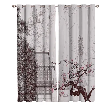 

Plum Blossom Trees Red Black House Window Curtains Living Room Kitchen Curtains Left and Right Biparting Open Home Decor