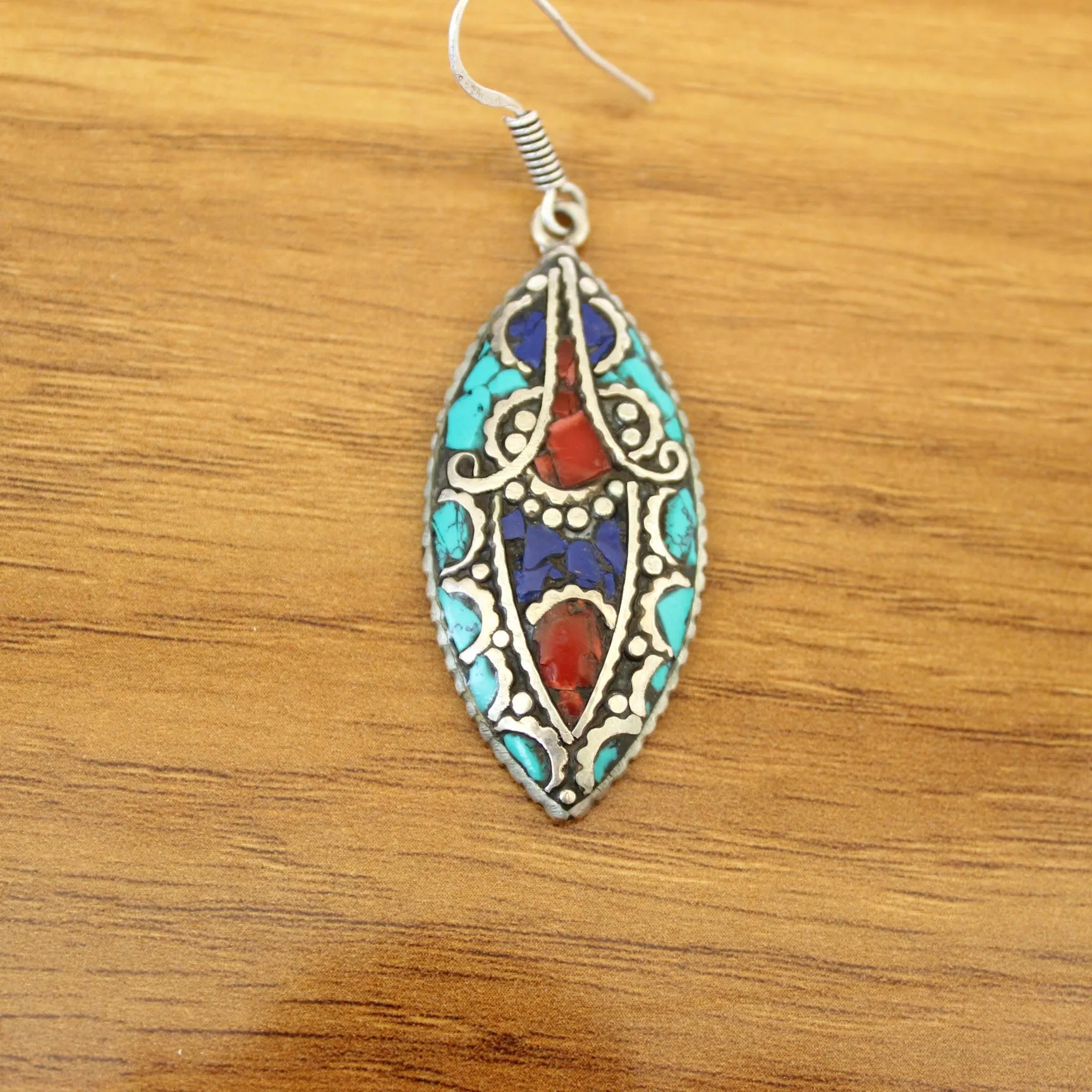 ER191 Nepal Jewelry Ethnic Oval Lapis Turquoises Colorful Stone Leaf Fashion Dangle Earring For Women