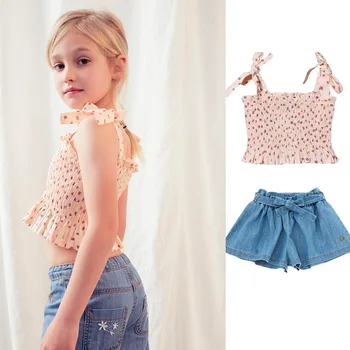 

IN STOCK Girl Two-pieces Sets Summer Strawberry Print Elastic Frounced Corp Top Solid Color Denim Wide Shorts with Belt