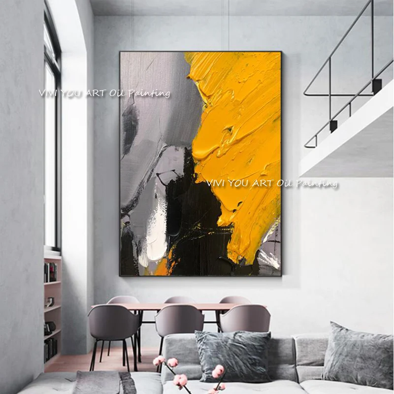 

The Hot Sales Yellow Gray Handmade Colorful Oil Paintings On Canvas Wall Art No Framed Bursh Pictures For Living Room Decor