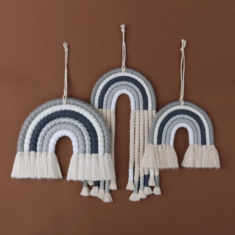 Arco Iris Macrame tapiz colgante de pared decoración, estilo nórdico, Boho decoración de algodón tejido a mano de bebé kawaii decoración de habitación de los niños