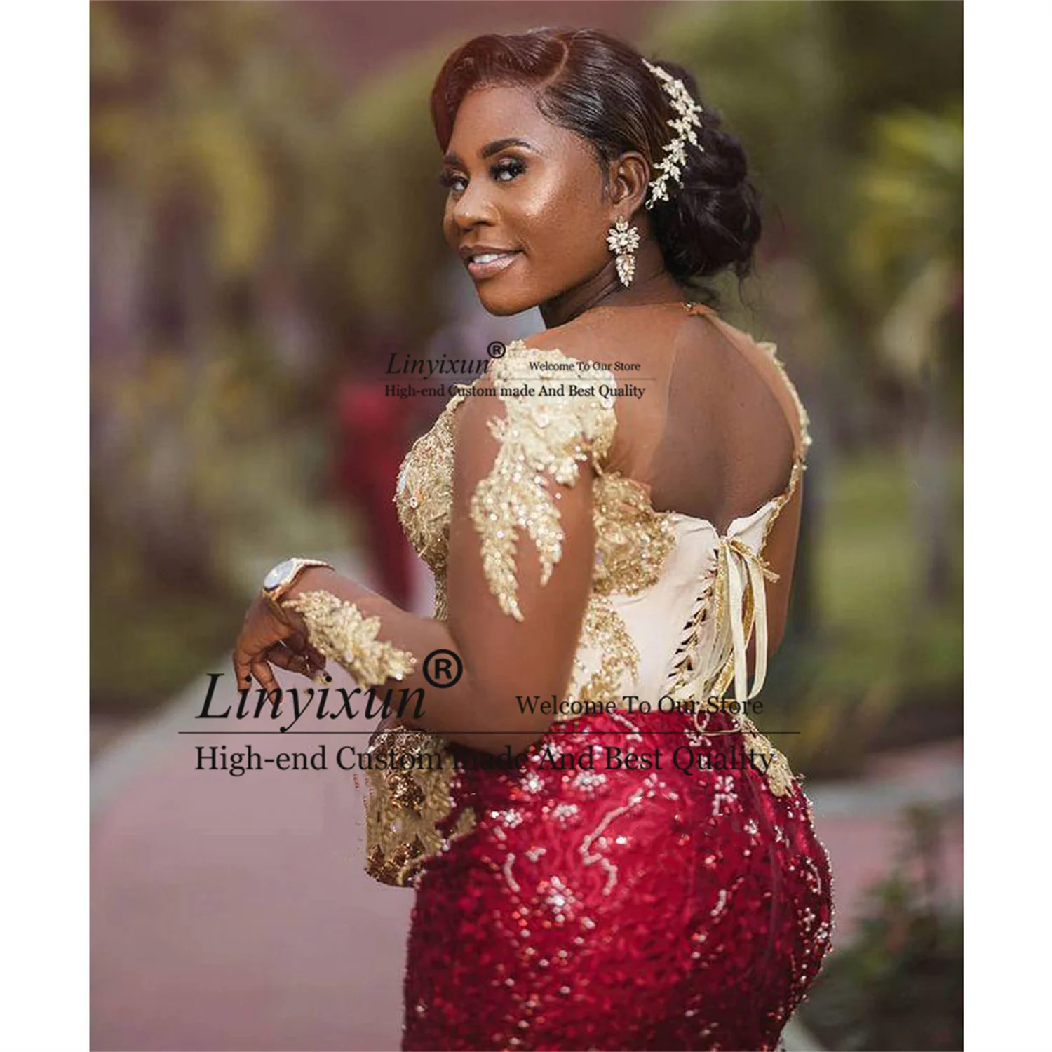 Women prom dresses Arabic Aso Ebi Burgundy Mermaid Prom Dresses With Lace Beaded Sheer Neck Formal Evening Party Gowns Plus Size