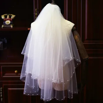 

New White Short Pearls Bridal Veil Two-layer 80cm White Veils For Wedding Party Tulle Veiling Yashmac Wedding Headpiece