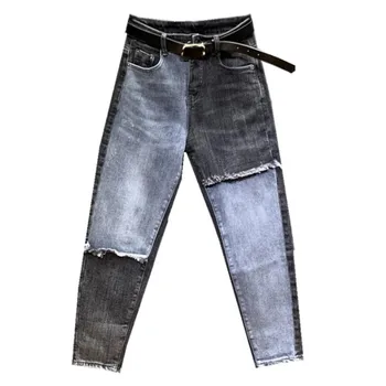 

plus size 26-31!spring autumn new fashion personality stitching loose jeans women contrast color high waist harem pants