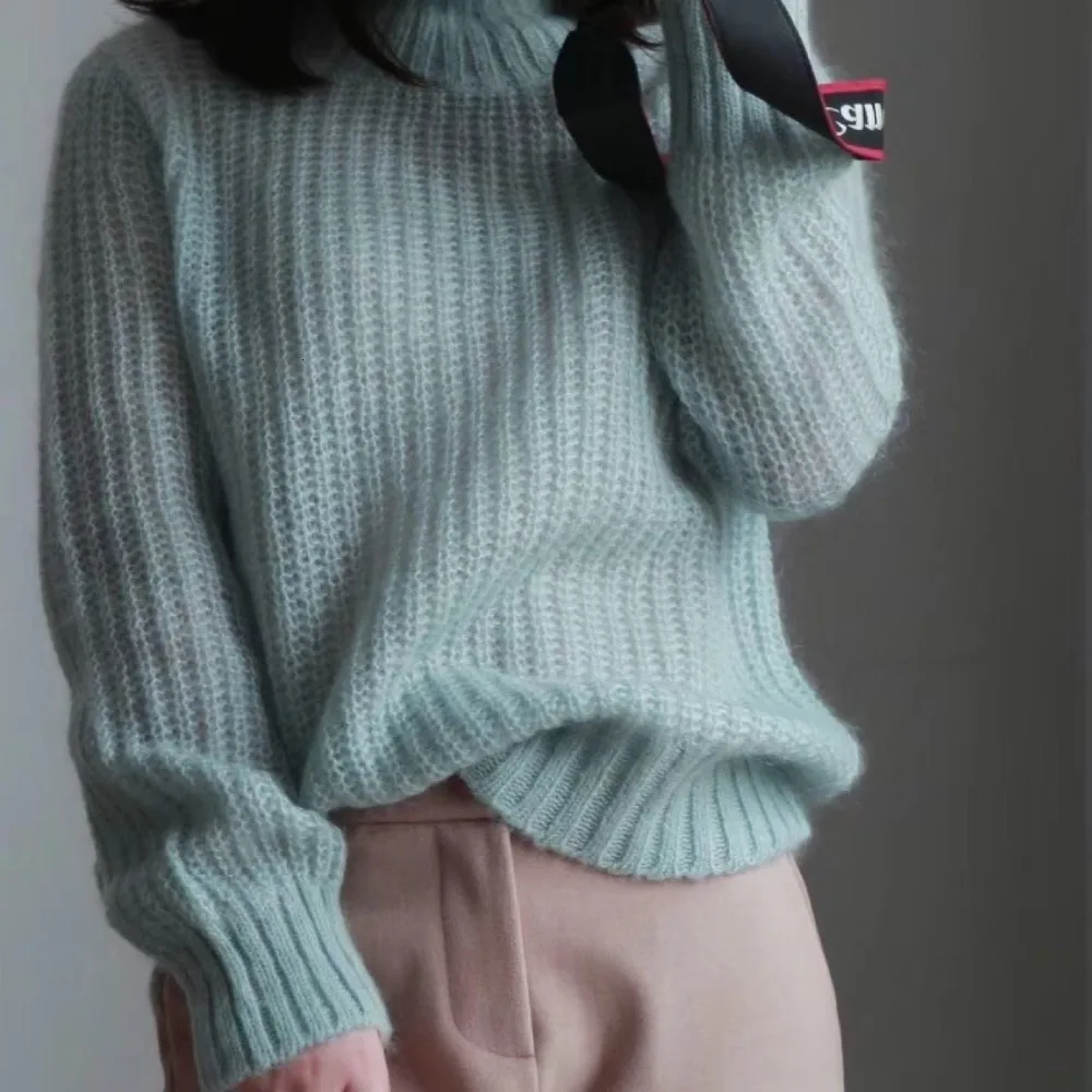 Женский свитер осенне-зимний мохер и шерстяной пуловер Свободный Повседневный водолазка мягкая тонкая женская одежда