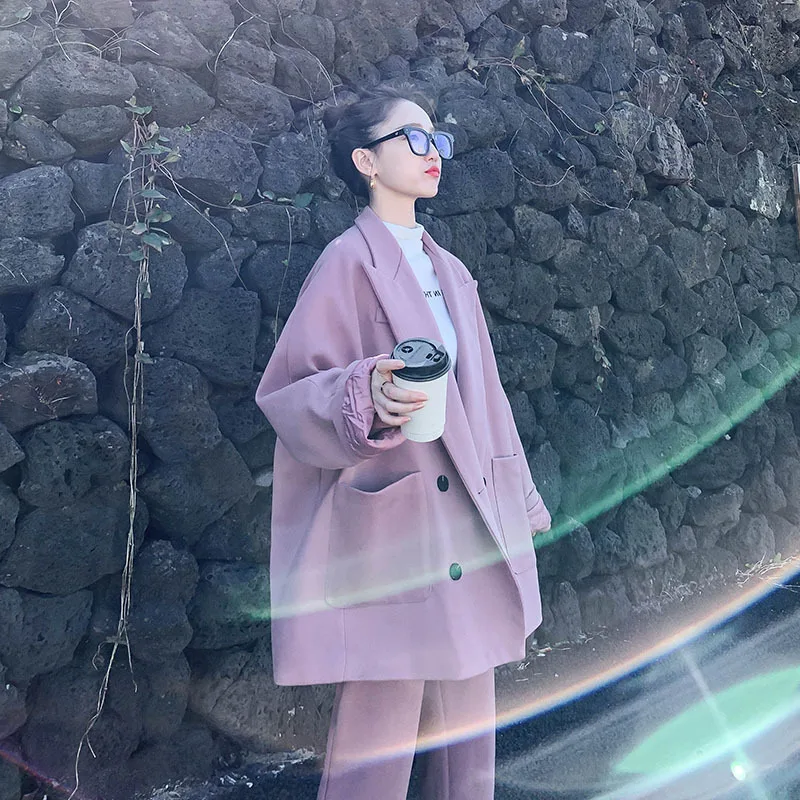 Photo Shoot Woolen Suit WOMEN'S Suit Autumn And Winter New Style Korean-style Loose And Plus-sized Woolen Overcoat Suit Two