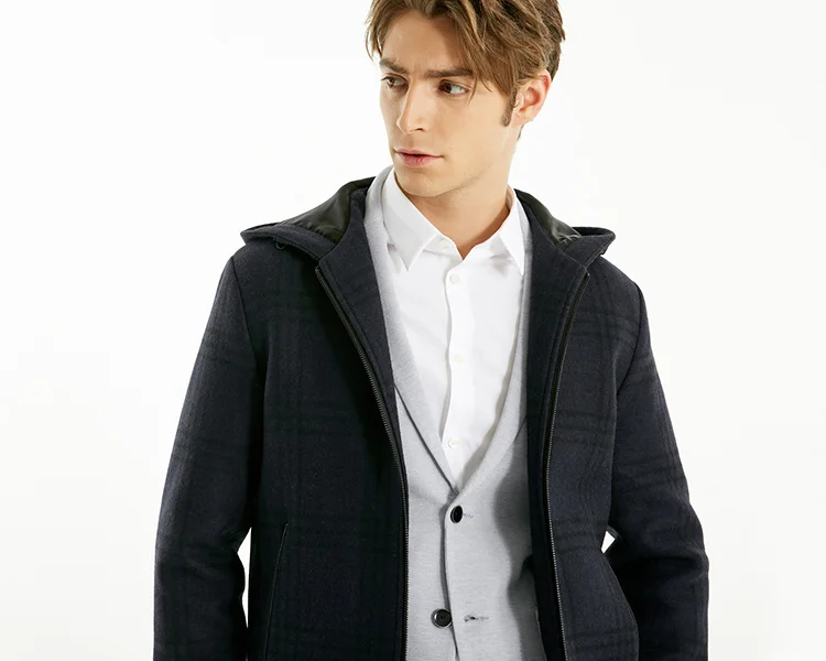JackJones осень и зима мужское деловое шерстяное клетчатое пальто с капюшоном | 219127507