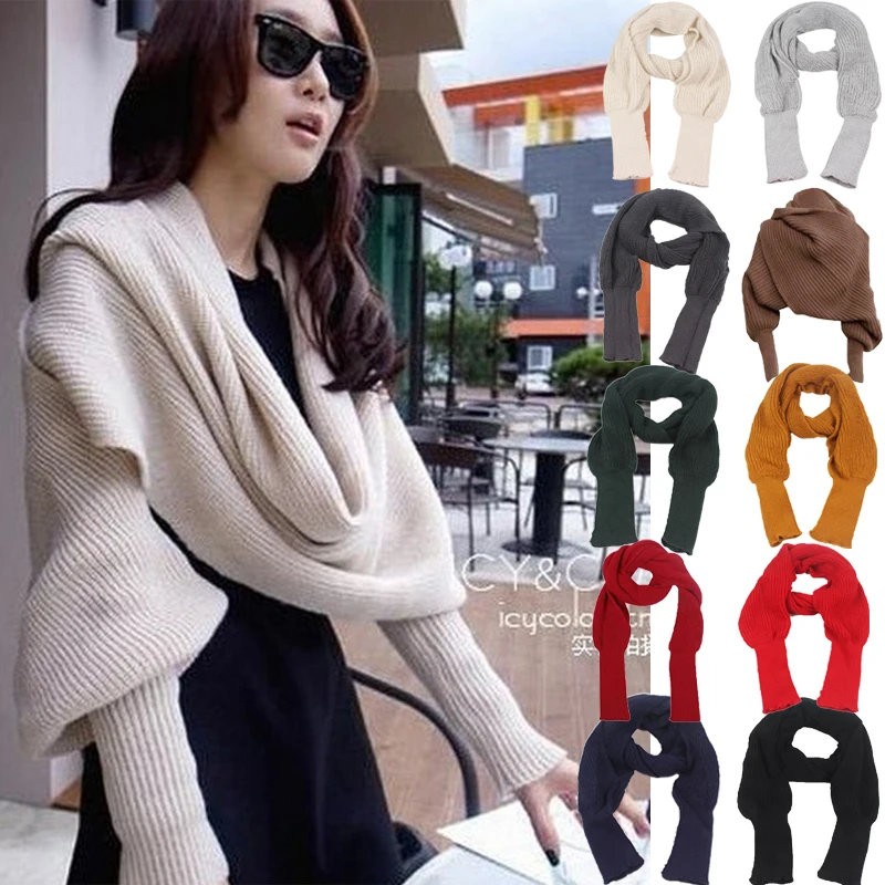 Meihuida 240x50 см зимний женский мягкий теплый вязаный Однотонный свитер шарф с рукавом шаль шарфы