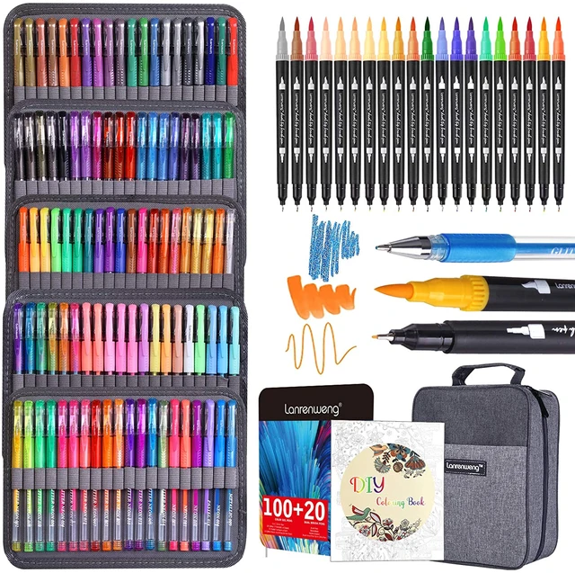 120 Pack Painting Pen Set 100 Colored Dual Tip Markers and 20 Colors  Glitter Gel Pens with Canvas Bag for Adult Coloring Books