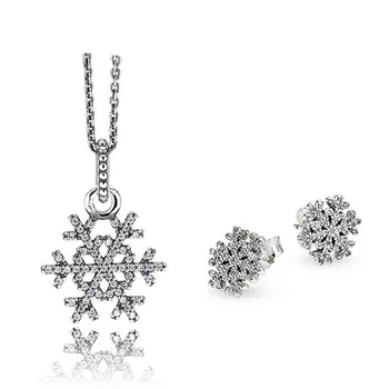 

100% 925 Sterling Silver 1:1 Genuine Shiny Snowflake Earrings Pendant Necklace Charm Jewelry Set