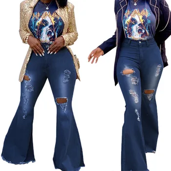 

Newly Women Bell Bottom Jeans Pants High Waist Stretchy Knee Ripped Denim Trousers FIF66