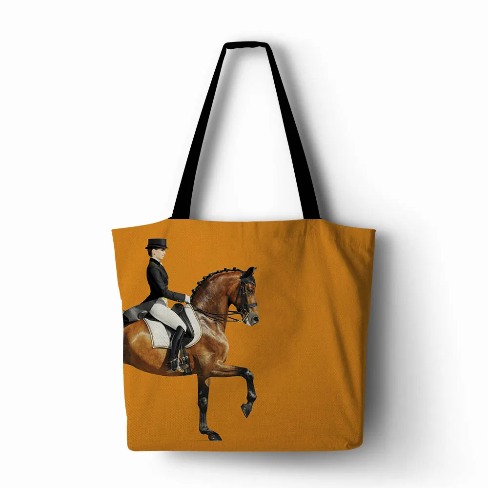 

Linen Polyester Shopping Tote for Women, Both Sides Printed Horse, 2 Designs on 1 Handbag, Home Storage with Casual Traveling Be
