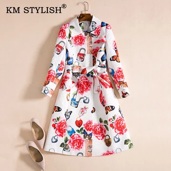 

New Women Trench Floral Print Slim Fit Trench Elegant Medium Length Jacquar Sashes Outerwear Female Turn-down Collar Coats