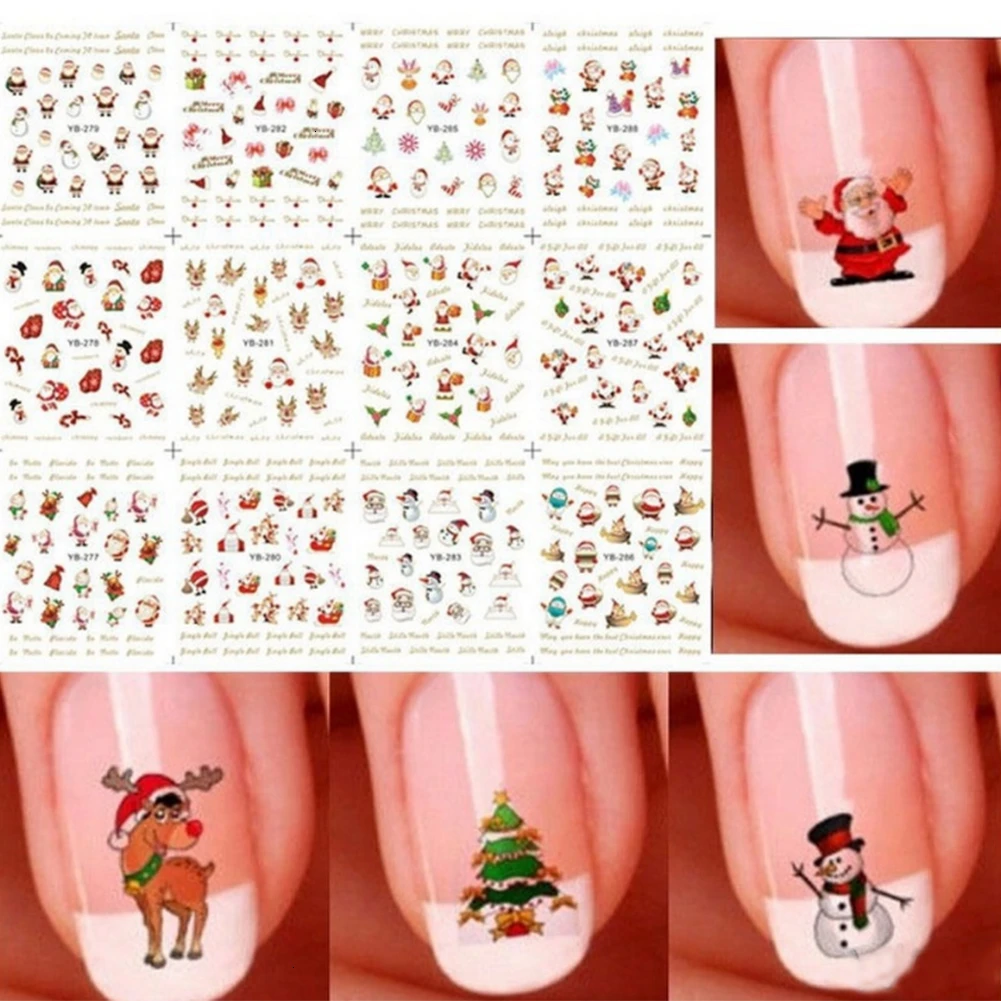 12 шт/1 лист новые сантас Снеговики елки снежинки Рождественские стикеры 3D на ногти Nail Art Модные женские рождественские DIY наклейки для ногтей