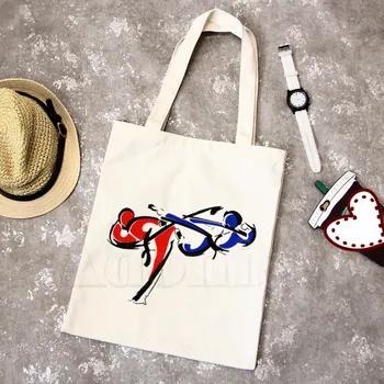 

Korea Taekwondo Print Reusable Shopping Bag Women Canvas Tote Bags Printing Eco Bag Cartoon Shopper Shoulder Bags