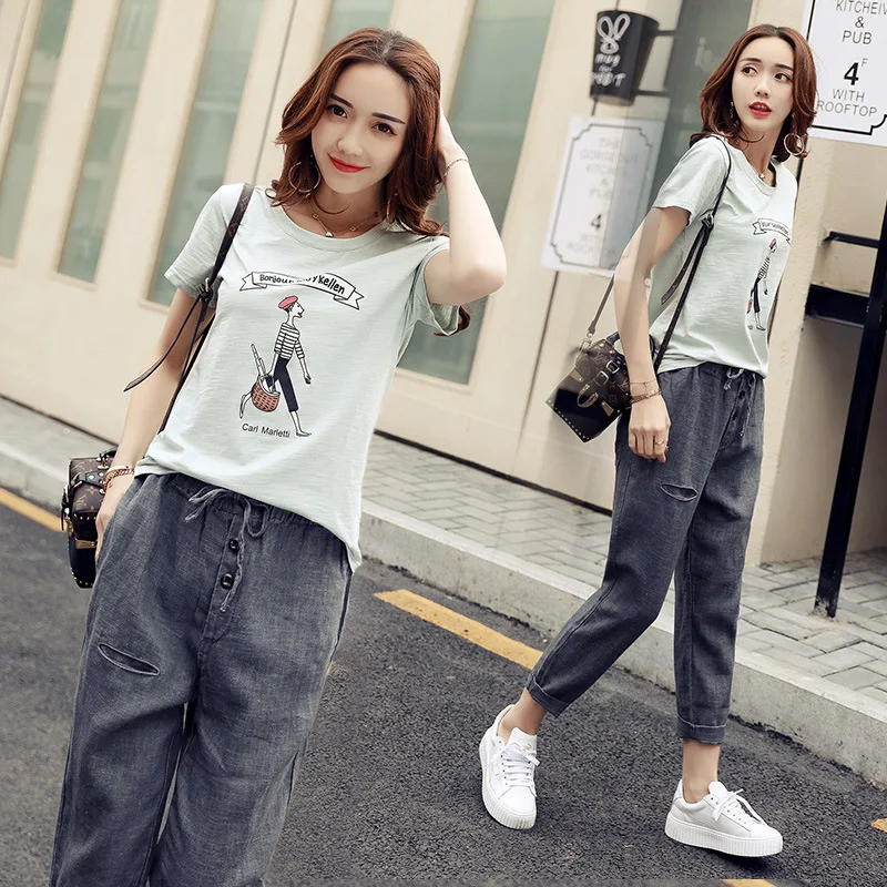 

2019 Spring And Summer New Style WOMEN'S Dress Western Style Set Capri Pants Korean-style Students Slimming Casual Fashion Piece