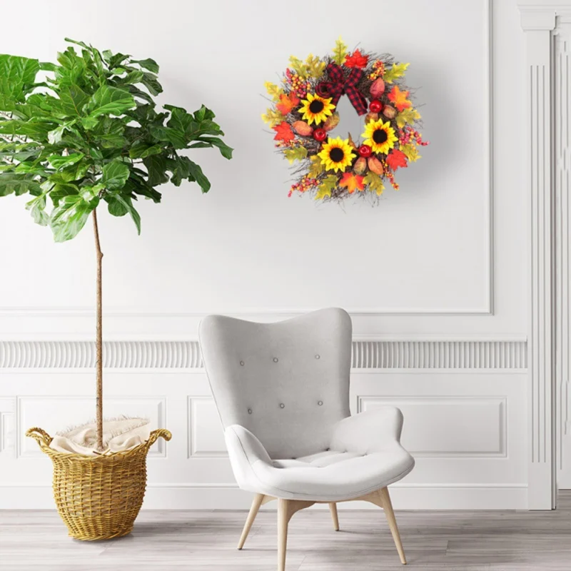 Autumn Artificial Maple Leaf Wreath With Sunflowers Berries And Bowknot Front Door Window Wall Seasonal Home Decorations