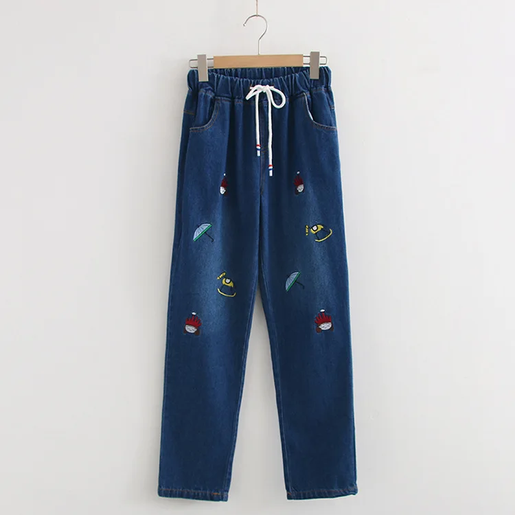 Merry Pretty, джинсовые женские штаны с мультяшной вышивкой, Осенние эластичные прямые джинсы с талией, штаны длиной до щиколотки - Цвет: Синий