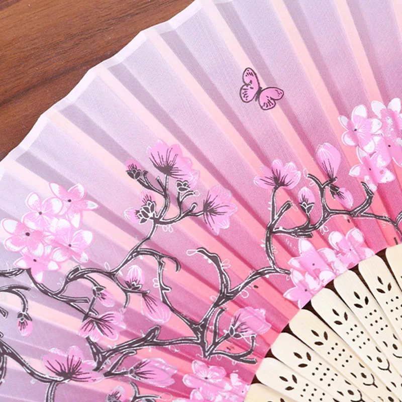 Chinese Japanese Silk Folding Fan Wooden Shank Classical Dance Fan Tassel Female Hand Fans Craft Gift Photo Prop