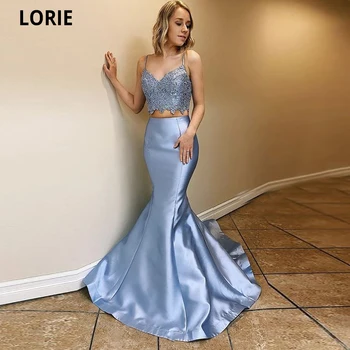 

LORIE 2 Pieces Prom Dresses Mermaid Lace Top Satin Skirt Light Blue Evening Gowns Long Elegant Princess Formal Party Dresses