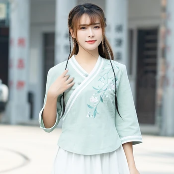 

KYQIAO roupas feminina cosplay costumes women summer ethnic mandarin collar three quarter sleeve embroidery blouse shirt