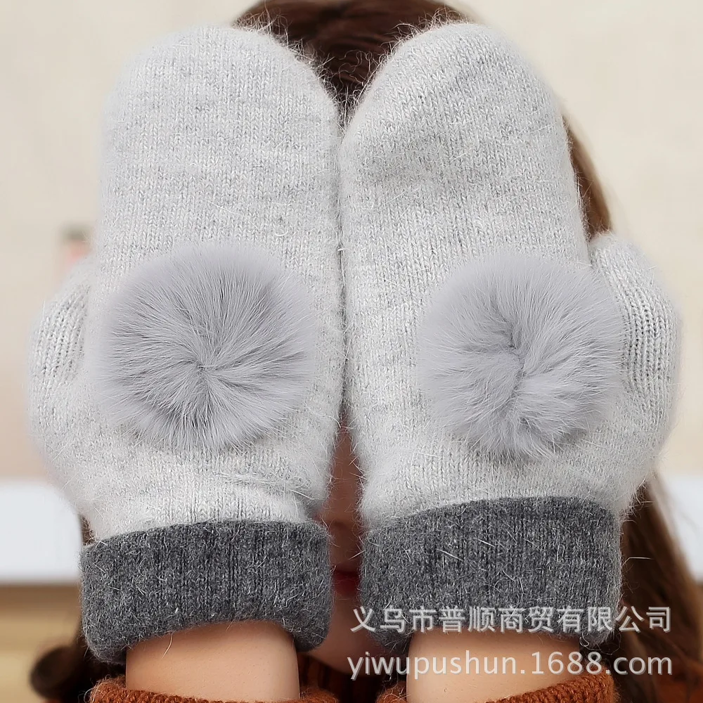 Sparsil женские зимние вязаные шерстяные перчатки с кроличьим мехом, двухслойные толстые теплые женские варежки - Цвет: 5Light Gray