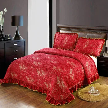 

Luxury Red 3D Quilting Knitted Cotton Ruffle Bedspread Coverlet Double Bed Cover Set Blanket Bed Linen Pillowcase Home Textile