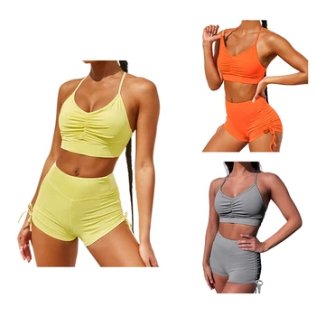 

Summer 2 Piece Set Women Ruched Halter Tank Top and Drawstring Biker Shorts Elastic Activewear Sets