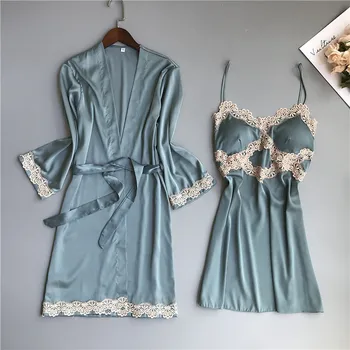 

Women Satin Silky Sleepwear 2PCS Nighty&Robe Suit Bride Bridesmaid Wedding Robe Lace Nightdress Kimono Gown Sexy Nightgown