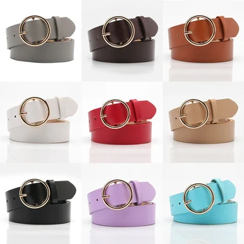 

Women Round Circle Buckles Belt Gold Jeans Wild Belts For Ladies Fashion Simple New Solid Color Waist Belt Accessories