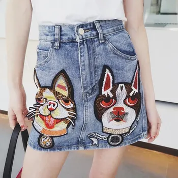 

[LIVIVIO] Dog Head Embroidery Denim Mini Skirt Women A Line Skirts Female Streetwear Fashion