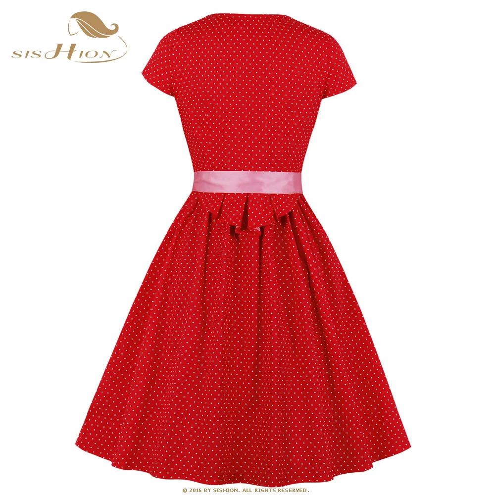 SISHION Хепберн 50s винтажное платье VD1271 короткий рукав красный горошек качели хлопок летнее женское платье с поясом