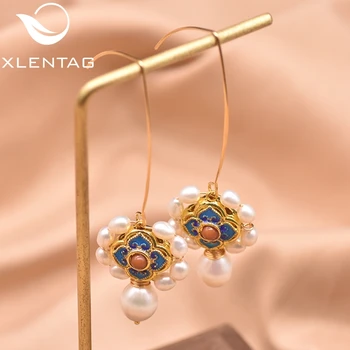 

XlenAg New Arrival Long Ear Hook Earrings Natural Freshwater Pearl Making Cloisonne Style Earrings Women Gift Jewelry GE0979