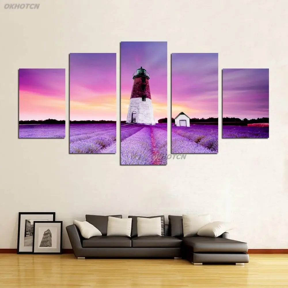 

Декор для гостиной, постер с принтом, фиолетовые лаванды, цветы, маяк, пейзаж, Настенная картина, холст, современная живопись