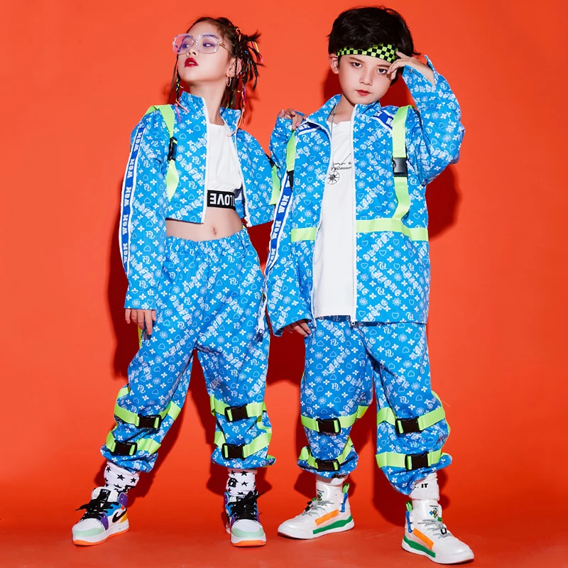 Girl Dance Costume Children Costumes Kids Hip hop Costume Girls Jazz Dance Tops Pants Blue Set Loose Street Dance Clothing For Boys Show Stage Outfit Wear BL5128