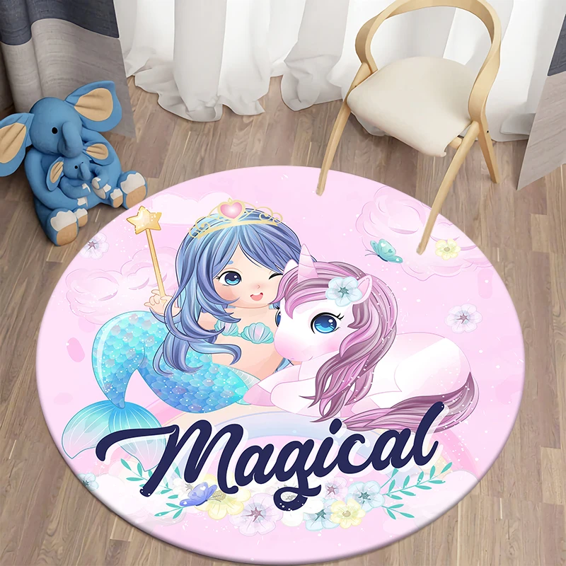 Cartoon Round Carpet Mermaid Unicorn