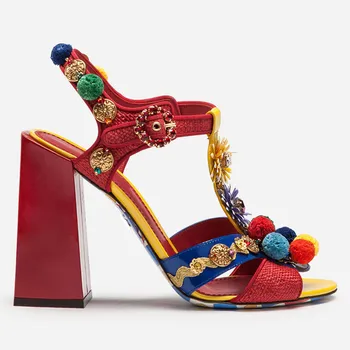 

High Heels Designer Fashion Retro Charms Pom Embellished Bohemian Sandals Summer Vacation Shoes Women T-strap Red Sandals