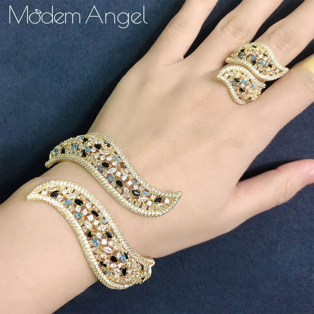 

ModemAngel Luxury Wing Shape Jewelry Sets For Women Wedding Zircon Crystal Bridal Bangle Ring Sets aretes de mujer modernos