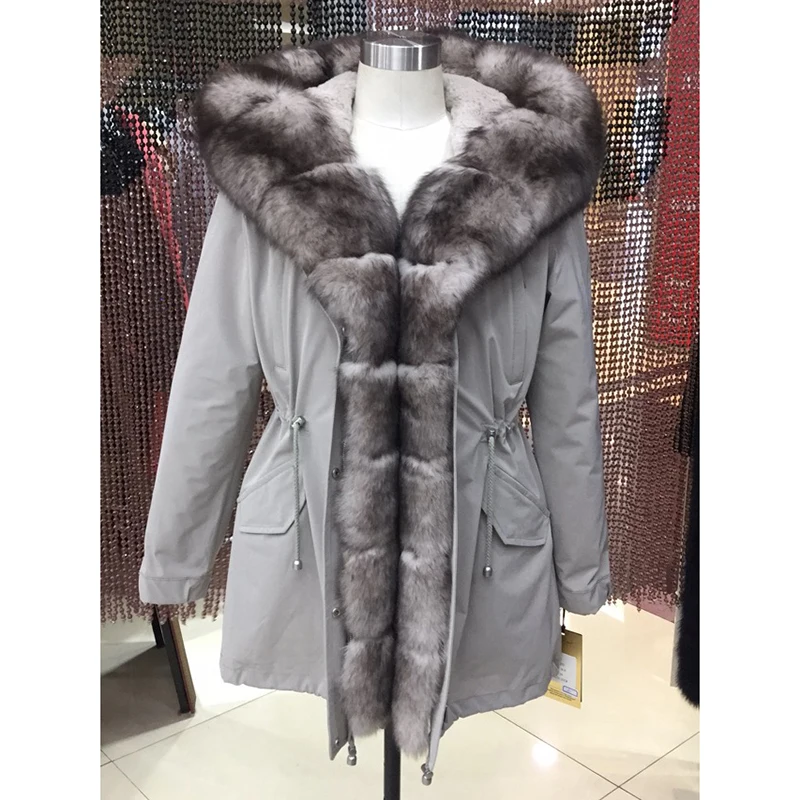 Женская зимняя парка пальто куртка лиса енот съёмная подклдка кролика с