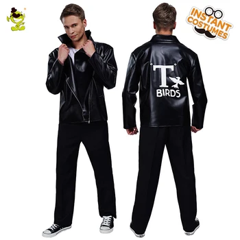 

T-birds Leather Jacket for Men Fancy Dress Carnival Teen Boy's Black Birds Top Jacket Costume
