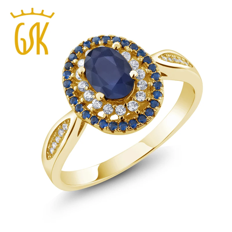GemStoneKing 1,62 карат Овальный Натуральный Синий сапфир 18 К покрытый желтым золотом 925 серебро Женское Обручальное Кольцо