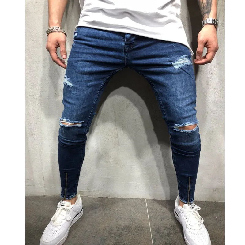

2019 New Men's Elastic Tear Tight Fashion Embroidered Motorcycle Jeans Hole Thickening Fit Slim Denim Scratch High Quality Jeans