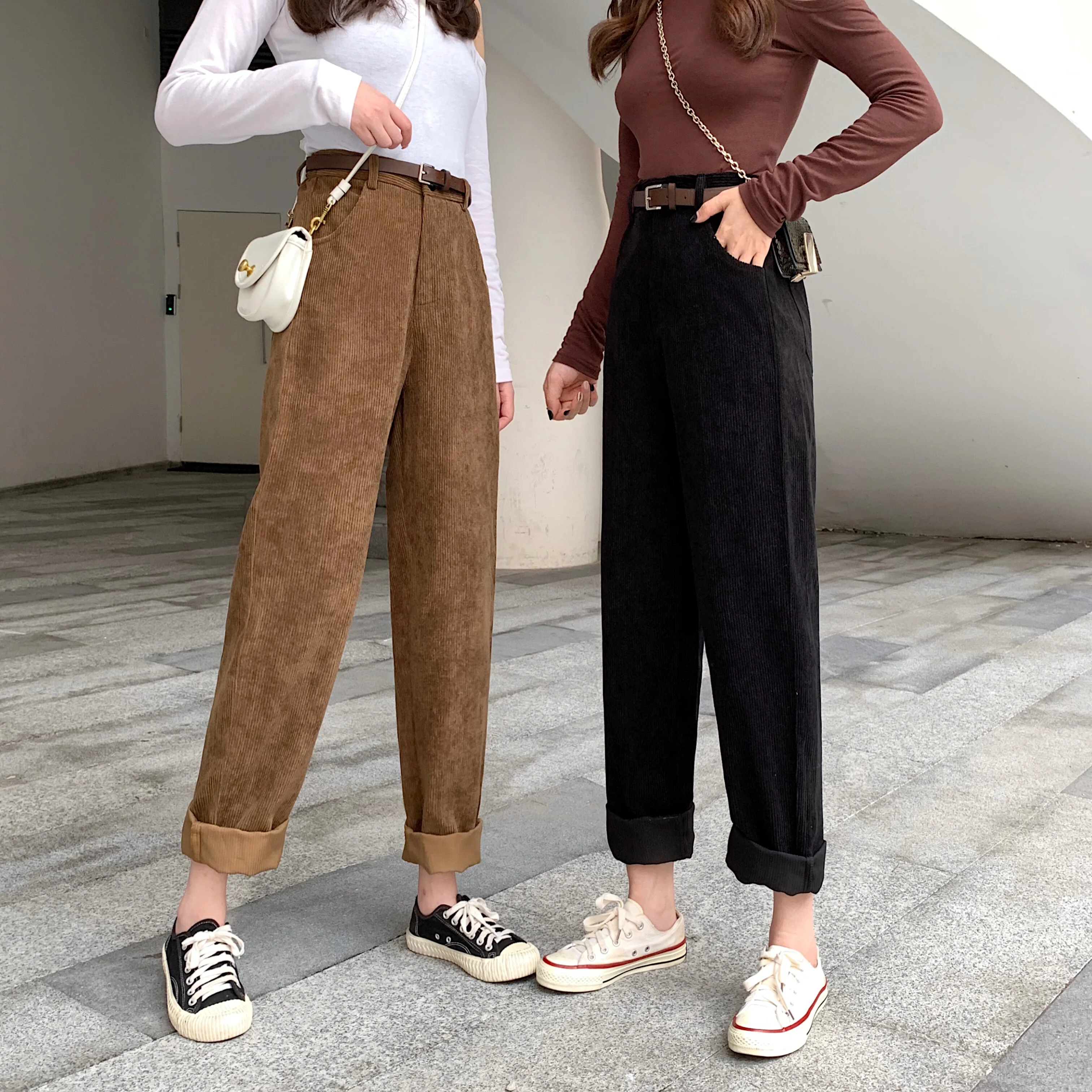 Zoki-pantalones de pana de cintura alta para mujer, pantalón completo de  pierna ancha con cinturón, ropa de calle Coreana de algodón puro, color  negro, para primavera y otoño - AliExpress