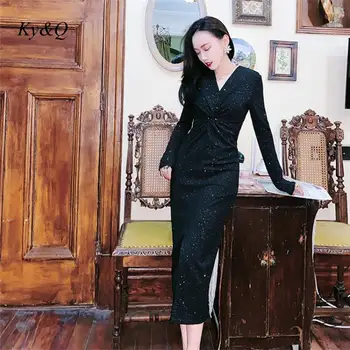 

High Quality Women 2020 Spring Elegant Banquet Night Feast Silver Black Knot Design V-neck Split Sexy Long Dress Party Clothes