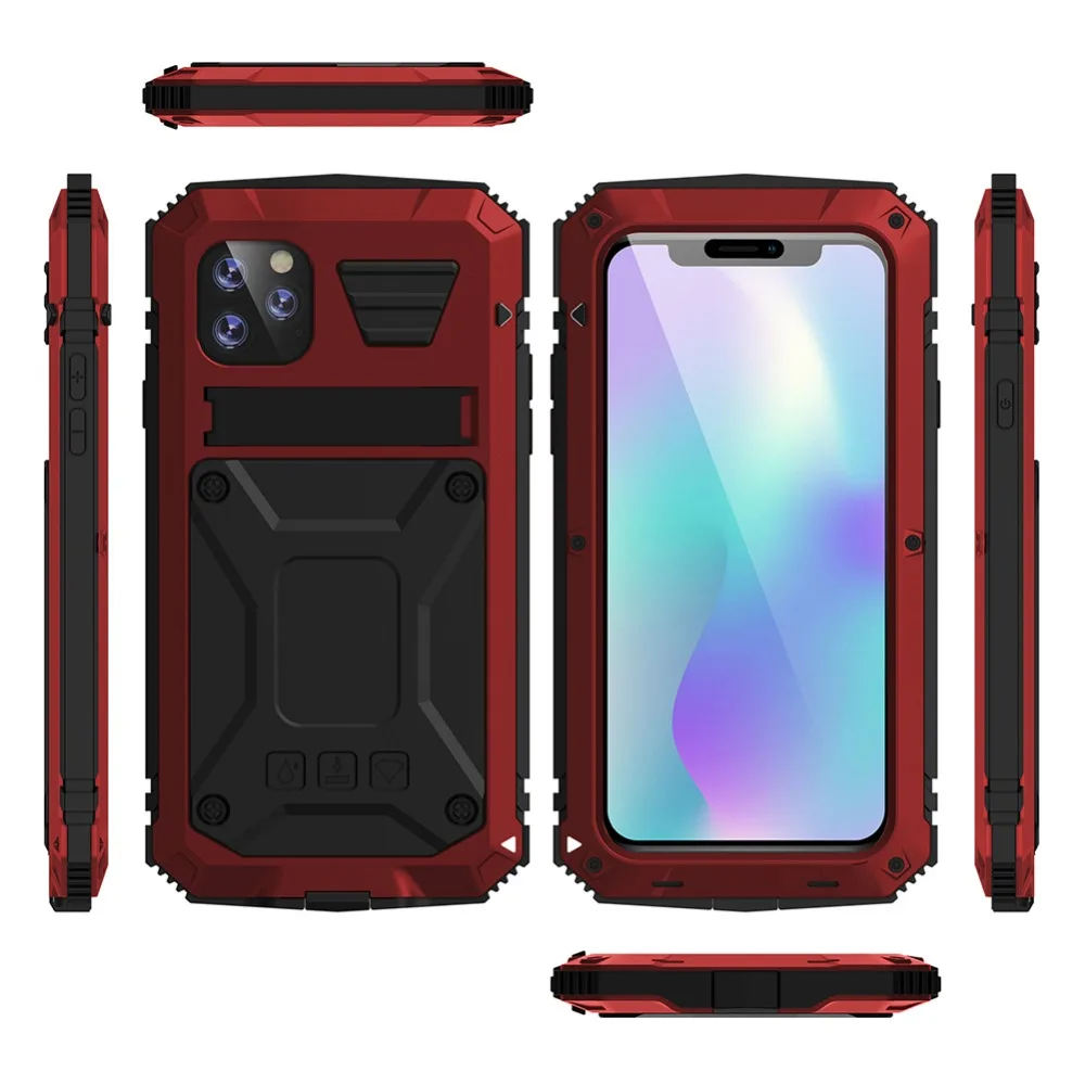 For iPhone 11 Pro Max XS XR XS Max X Metal Aluminum Armor Shockproof Heavy Duty Waterproof Case protective Cover+Tempered glass (14)